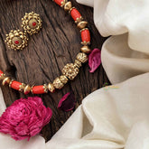 Vriksham Coral Gold Blossom Look Alike Floral Pendant Coral Bead Neckpiece-G20636